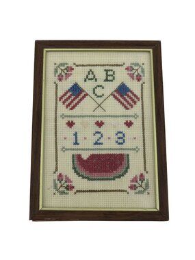 Handmade Summer USA Themed Cross Stitch Sampler Framed Hanging Decor America 250